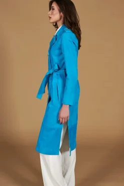 Donna D'Arienzo Hazel - Cappotto in pelle scamoscio turchese doppio petto spacchi laterali