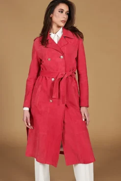 Donna D'Arienzo Hazel - Cappotto in pelle scamosciata fuxia doppio petto spacchi laterali