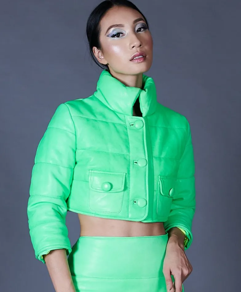 Donna D'Arienzo Hilton - Piumino corto trapuntato in pelle verde fluo