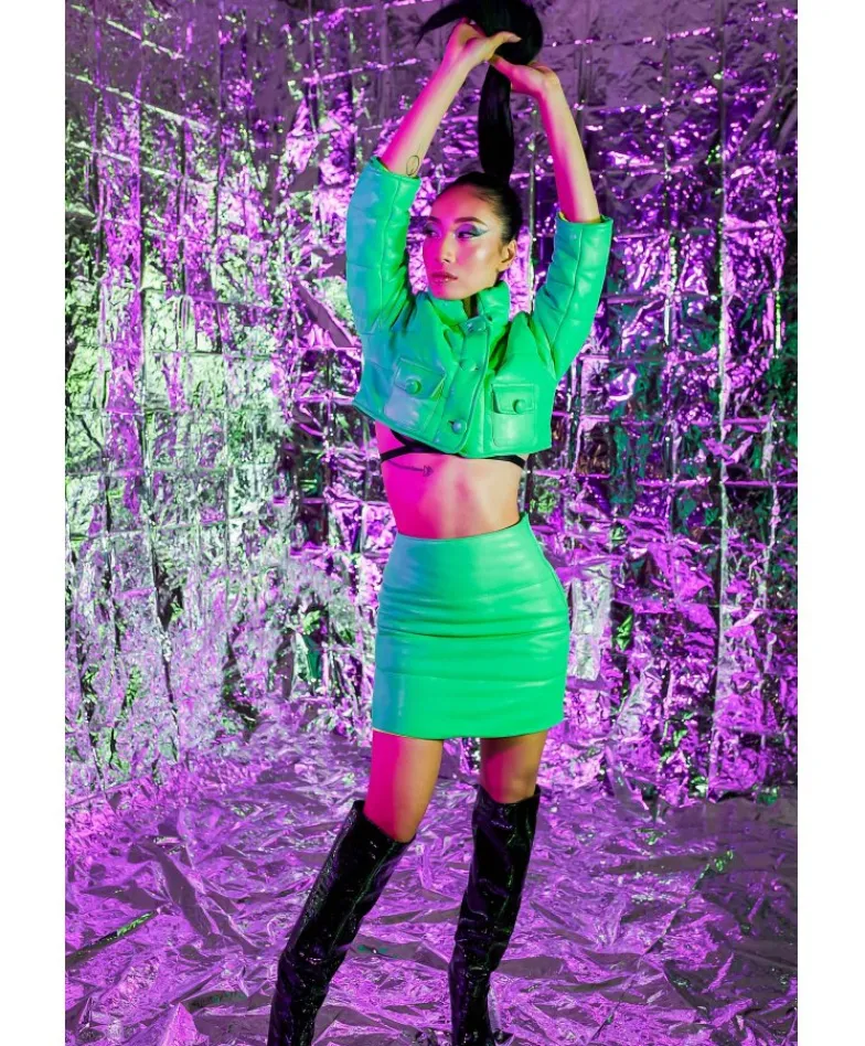 Donna D'Arienzo Hilton - Piumino corto trapuntato in pelle verde fluo