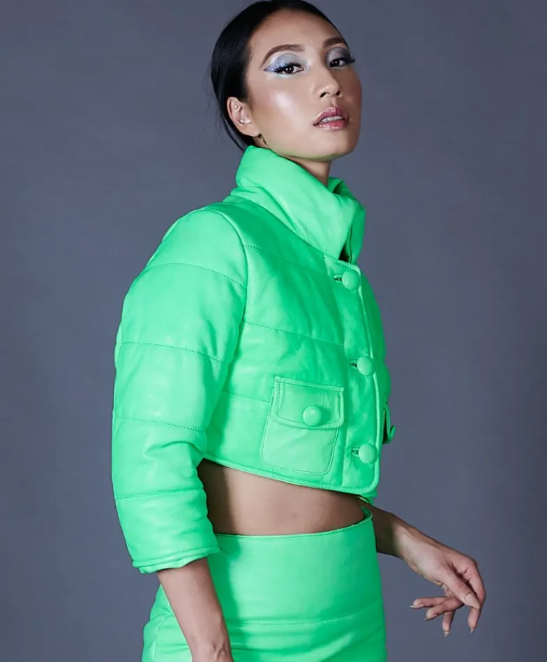 Donna D'Arienzo Hilton - Piumino corto trapuntato in pelle verde fluo