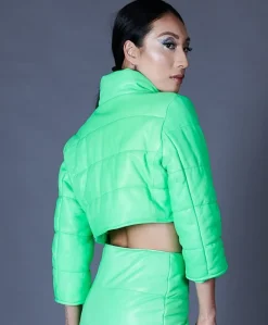 Donna D'Arienzo Hilton - Piumino corto trapuntato in pelle verde fluo