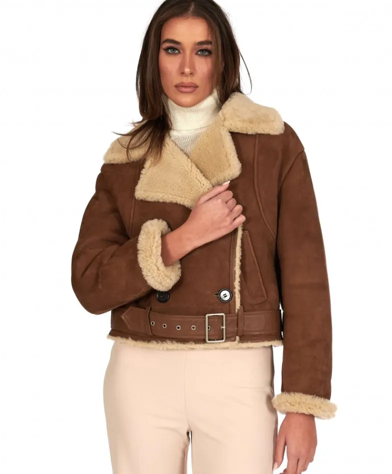 Donna D'Arienzo Indy - Chiodo in montone scamosciato color cuoio con cintura e bottoni