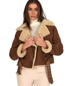 Donna D'Arienzo Indy - Chiodo in montone scamosciato color cuoio con cintura e bottoni