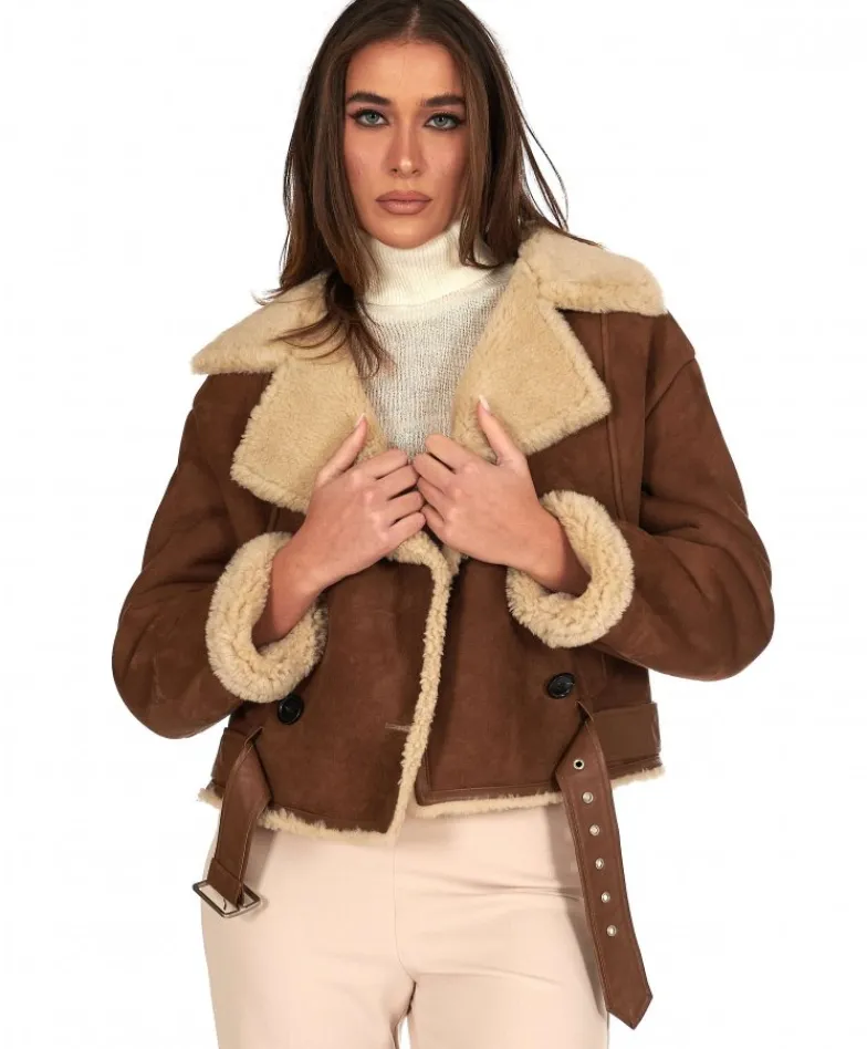 Donna D'Arienzo Indy - Chiodo in montone scamosciato color cuoio con cintura e bottoni
