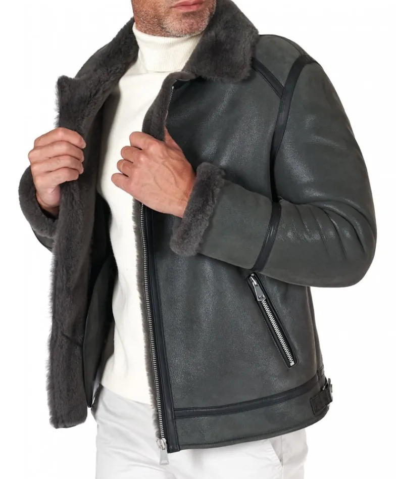 Uomo D'Arienzo Jasper - Chiodo Montone Shearling grigio con cerniera trasversale