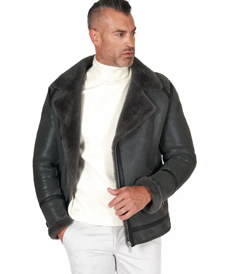 Uomo D'Arienzo Jasper - Chiodo Montone Shearling grigio con cerniera trasversale