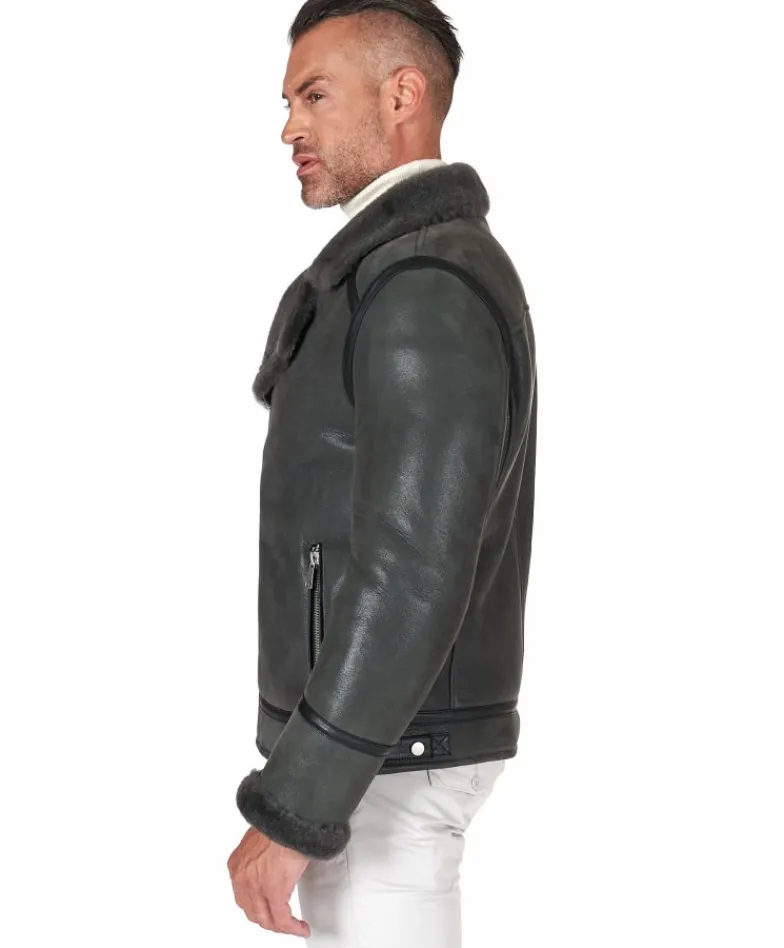Uomo D'Arienzo Jasper - Chiodo Montone Shearling grigio con cerniera trasversale
