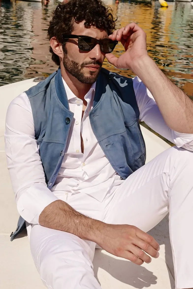 Uomo D'Arienzo Jeff - Gilet in pelle camoscio blu denim con bottoni