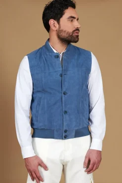 Uomo D'Arienzo Jeff - Gilet in pelle camoscio blu denim con bottoni