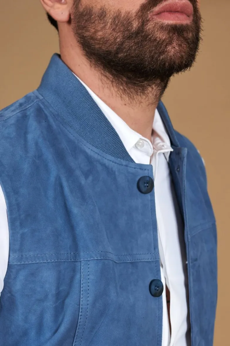 Uomo D'Arienzo Jeff - Gilet in pelle camoscio blu denim con bottoni