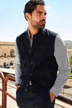 Uomo D'Arienzo Jeff - Gilet in pelle camoscio blu con bottoni