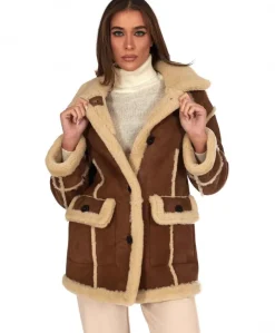 Donna D'Arienzo Jenny - Giacca in montone scamosciato color cuoio versione lunga