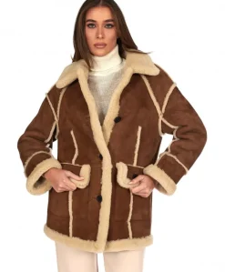 Donna D'Arienzo Jenny - Giacca in montone scamosciato color cuoio versione lunga