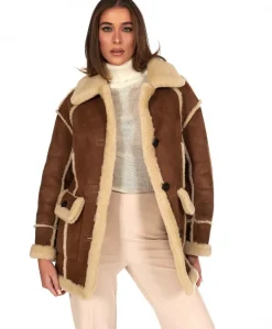 Donna D'Arienzo Jenny - Giacca in montone scamosciato color cuoio versione lunga