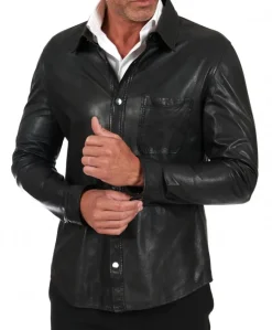 Uomo D'Arienzo Jet - Camicia in pelle nera sfoderata effetto vintage