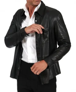 Uomo D'Arienzo Jet - Camicia in pelle nera sfoderata effetto vintage