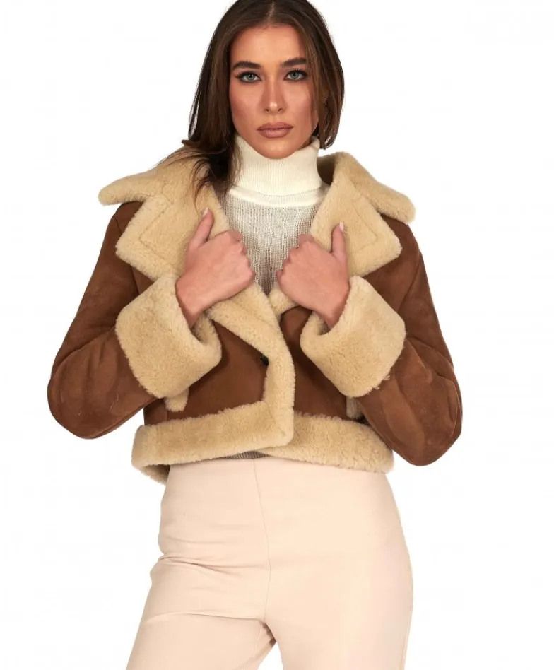 Donna D'Arienzo Jo - Giacca in montone scamosciato color cuoio versione corta
