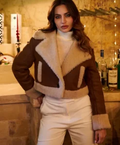 Donna D'Arienzo Jo - Giacca in montone scamosciato color cuoio versione corta