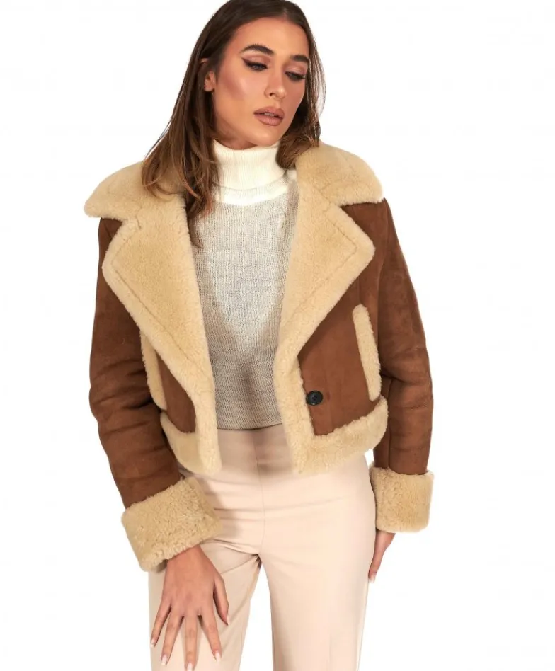 Donna D'Arienzo Jo - Giacca in montone scamosciato color cuoio versione corta
