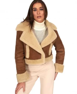 Donna D'Arienzo Jo - Giacca in montone scamosciato color cuoio versione corta