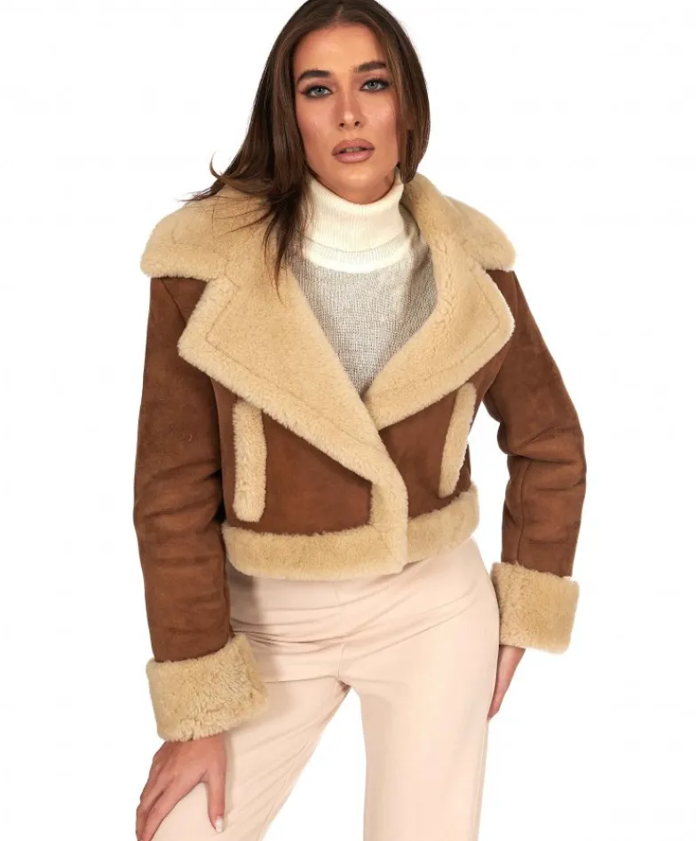 Donna D'Arienzo Jo - Giacca in montone scamosciato color cuoio versione corta