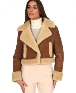 Donna D'Arienzo Jo - Giacca in montone scamosciato color cuoio versione corta