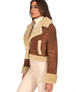 Donna D'Arienzo Jo - Giacca in montone scamosciato color cuoio versione corta