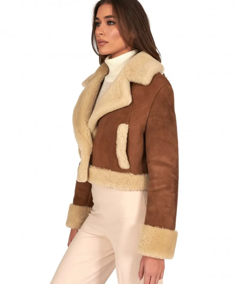 Donna D'Arienzo Jo - Giacca in montone scamosciato color cuoio versione corta