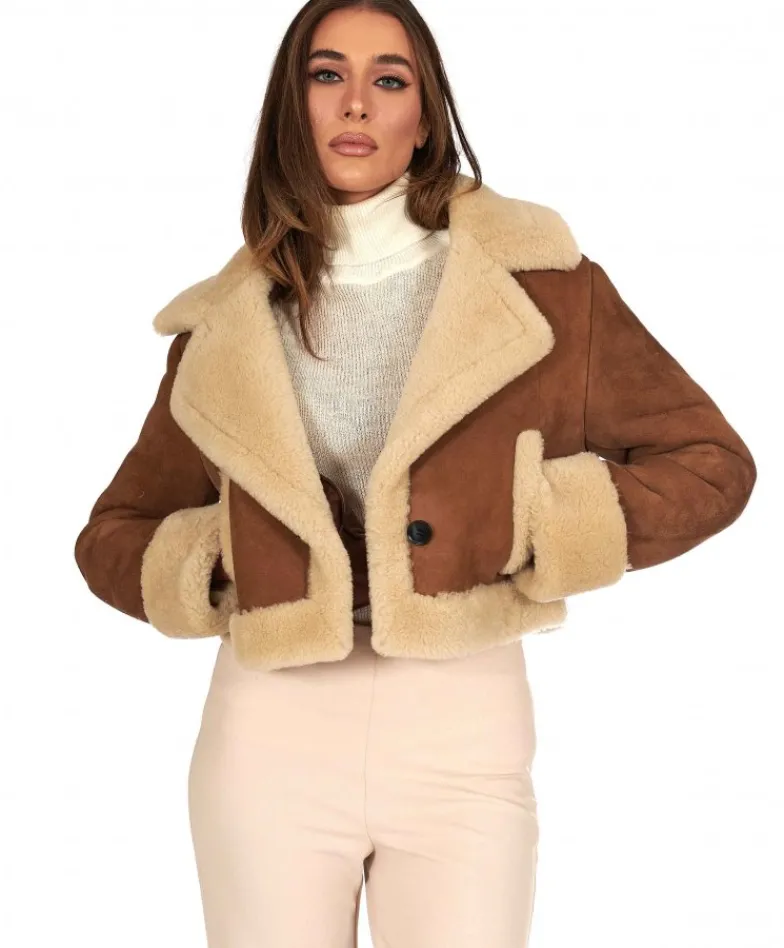 Donna D'Arienzo Jo - Giacca in montone scamosciato color cuoio versione corta