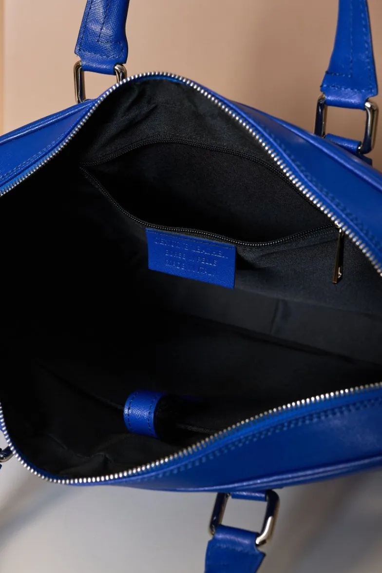 D'Arienzo Justin - Borsa Ventiquattrore in pelle di vitello bluette saffiano con doppia tasca