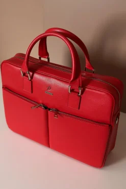 D'Arienzo Justin - Borsa Ventiquattrore in pelle di vitello rosso saffiano doppia tasca