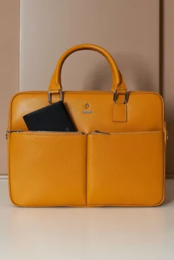 D'Arienzo Justin - Borsa Ventiquattrore in pelle di vitello ocra saffiano con doppia tasca