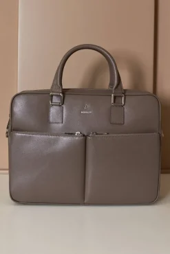 D'Arienzo Justin - Borsa Ventiquattrore in pelle di vitello color fango saffiano con doppia tasca