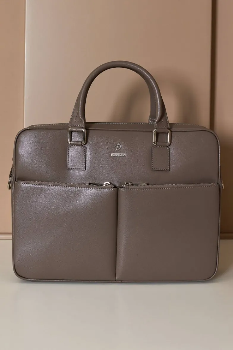D'Arienzo Justin - Borsa Ventiquattrore in pelle di vitello color fango saffiano con doppia tasca