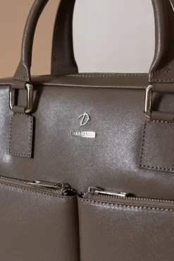 D'Arienzo Justin - Borsa Ventiquattrore in pelle di vitello color fango saffiano con doppia tasca