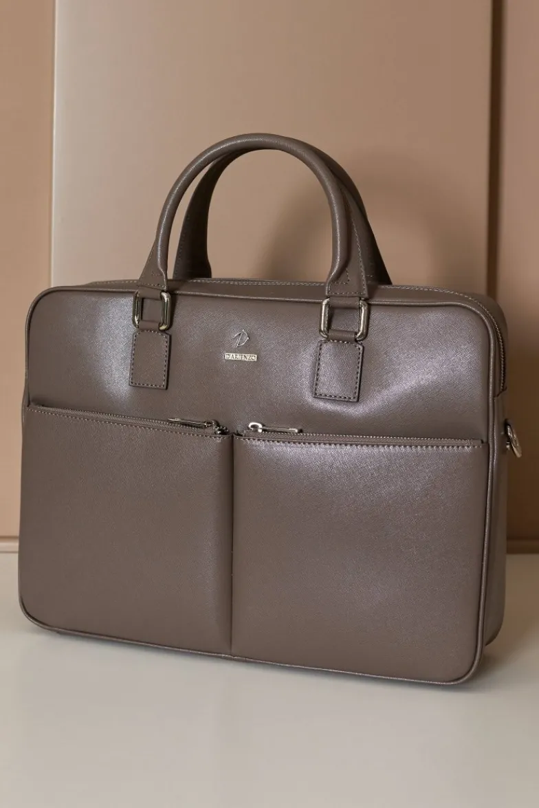 D'Arienzo Justin - Borsa Ventiquattrore in pelle di vitello color fango saffiano con doppia tasca