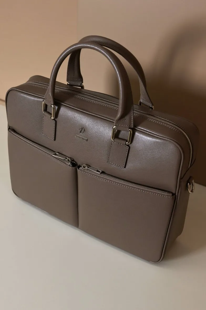 D'Arienzo Justin - Borsa Ventiquattrore in pelle di vitello color fango saffiano con doppia tasca