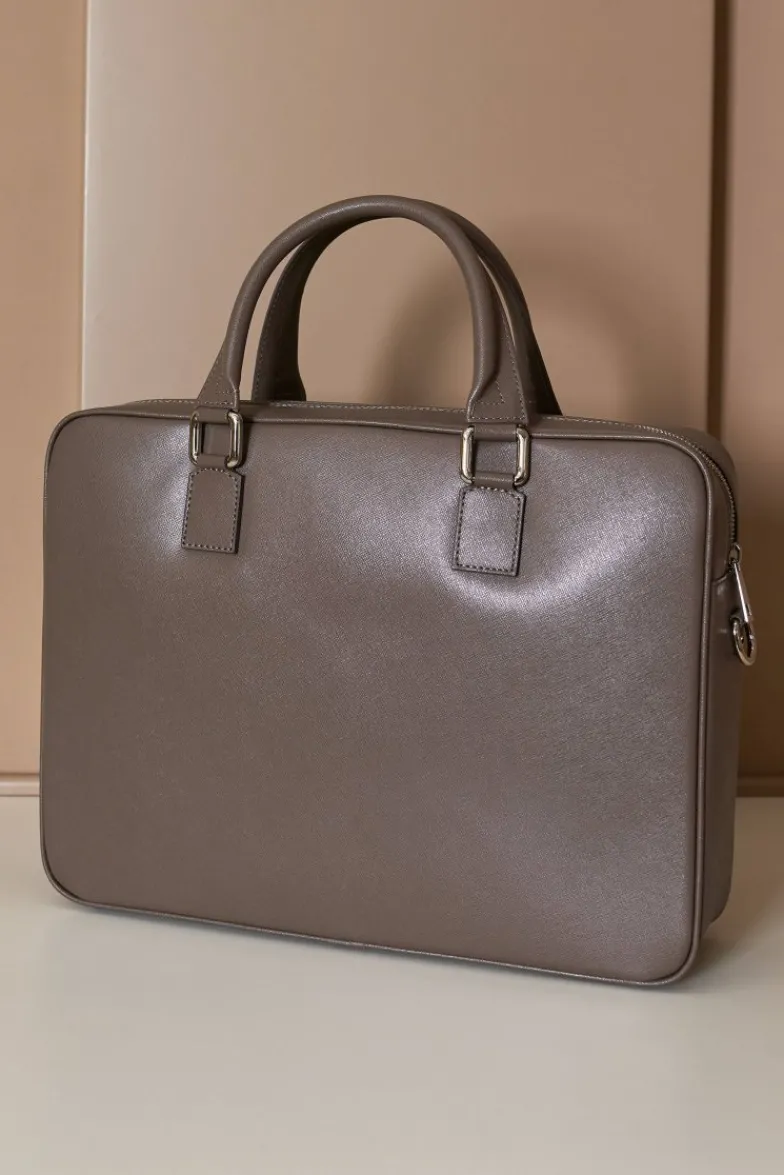 D'Arienzo Justin - Borsa Ventiquattrore in pelle di vitello color fango saffiano con doppia tasca