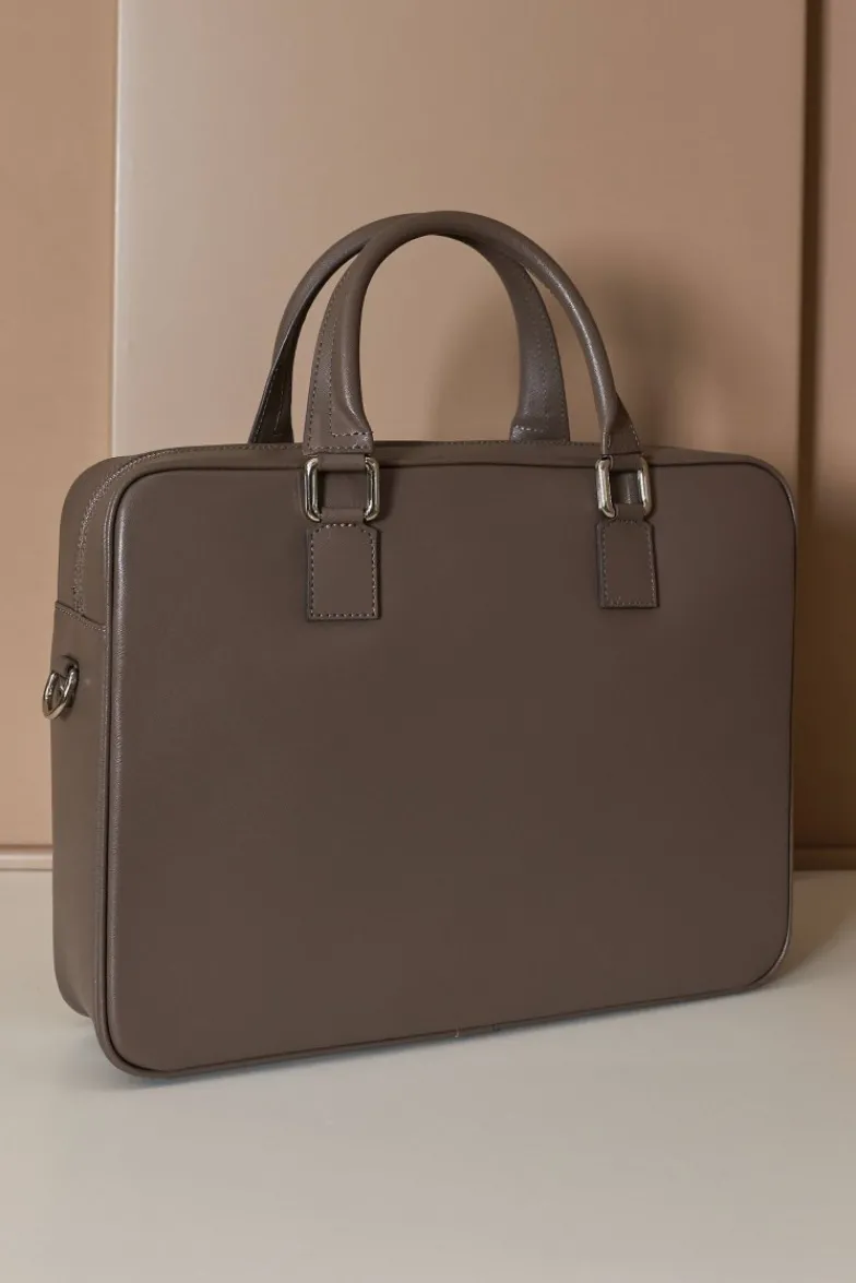 D'Arienzo Justin - Borsa Ventiquattrore in pelle di vitello color fango saffiano con doppia tasca
