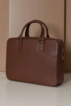 D'Arienzo Justin - Borsa Ventiquattrore in pelle di vitello marrone saffiano con doppia tasca