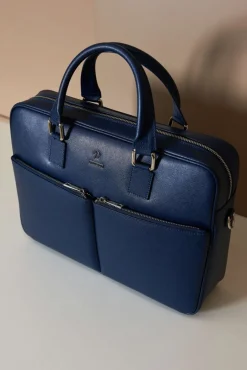 D'Arienzo Justin - Borsa Ventiquattrore in pelle di vitello blu scuro saffiano doppia tasca