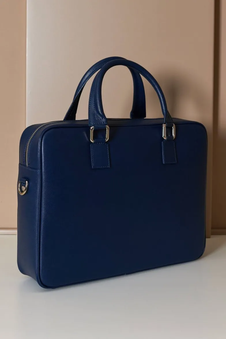 D'Arienzo Justin - Borsa Ventiquattrore in pelle di vitello blu scuro saffiano doppia tasca