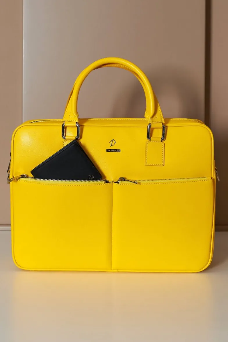 D'Arienzo Justin - Borsa Ventiquattrore in pelle di vitello gialla saffiano con doppia tasca