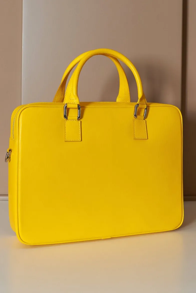 D'Arienzo Justin - Borsa Ventiquattrore in pelle di vitello gialla saffiano con doppia tasca