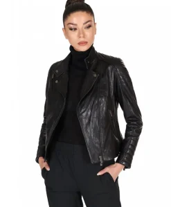 Donna D'Arienzo Karim Trap - Giacca moto in pelle vegetale nera trapuntata effetto vintage