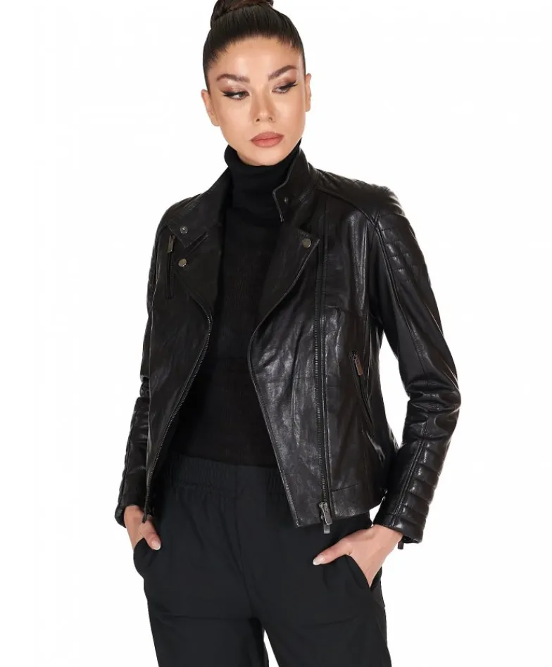 Donna D'Arienzo Karim Trap - Giacca moto in pelle vegetale nera trapuntata effetto vintage