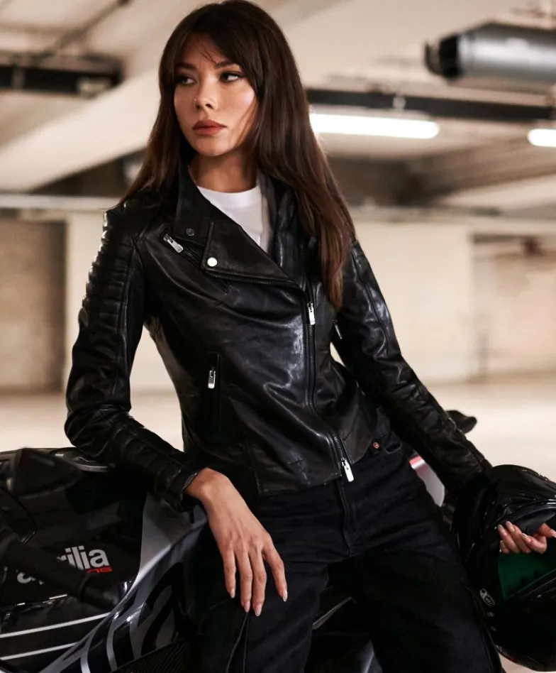 Donna D'Arienzo Karim Trap - Giacca moto in pelle vegetale nera trapuntata effetto vintage