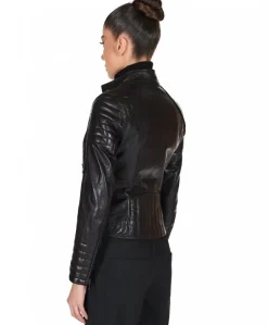 Donna D'Arienzo Karim Trap - Giacca moto in pelle vegetale nera trapuntata effetto vintage