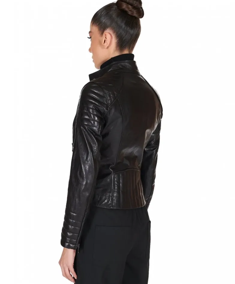 Donna D'Arienzo Karim Trap - Giacca moto in pelle vegetale nera trapuntata effetto vintage
